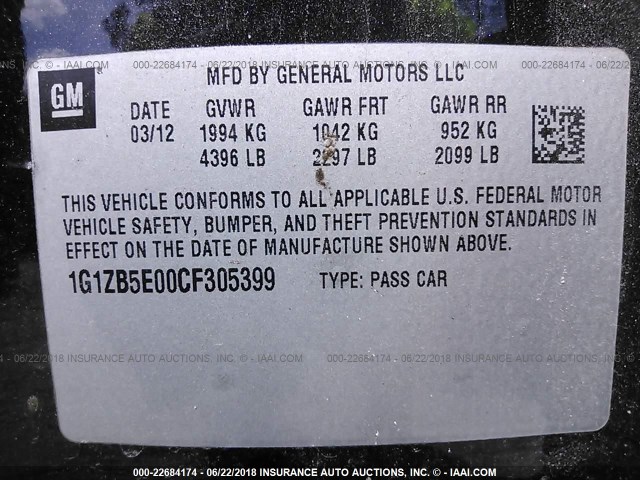 1G1ZB5E00CF305399 - 2012 CHEVROLET MALIBU LS Qara foto 9