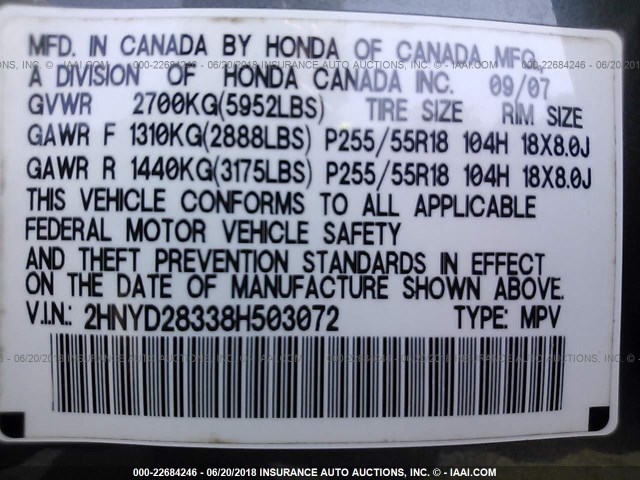 2HNYD28338H503072 - 2008 ACURA MDX TECHNOLOGY GRAY photo 9