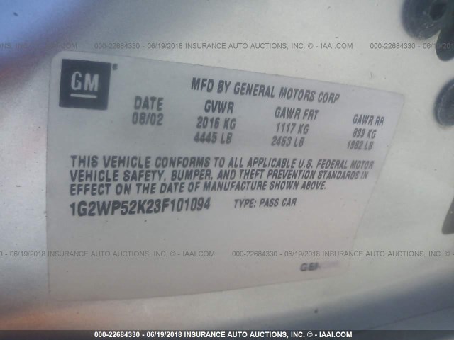 1G2WP52K23F101094 - 2003 PONTIAC GRAND PRIX GT SILVER photo 9