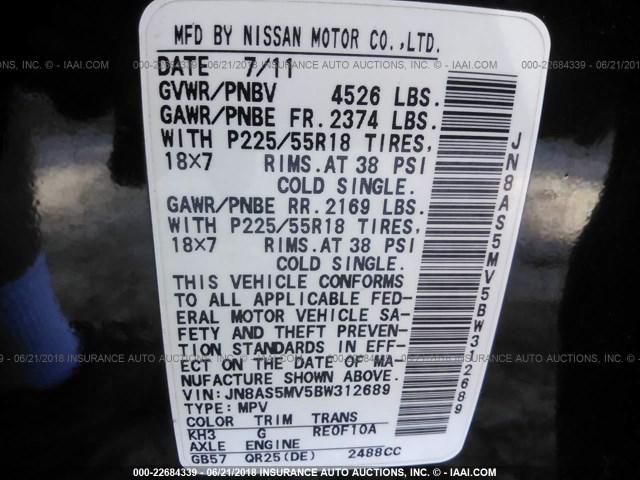 JN8AS5MV5BW312689 - 2011 NISSAN ROGUE S/SV/KROM BLACK photo 9