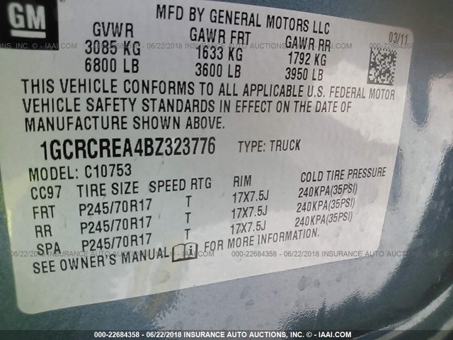 1GCRCREA4BZ323776 - 2011 CHEVROLET SILVERADO C1500  LS BLUE photo 9