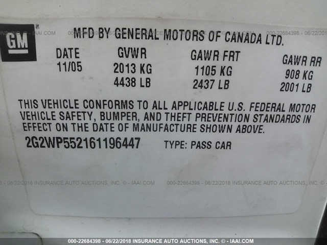 2G2WP552161196447 - 2006 PONTIAC GRAND PRIX WHITE photo 9