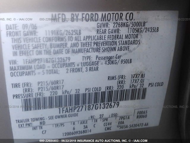 1FAHP27187G132679 - 2007 FORD FIVE HUNDRED SEL Champagne photo 9