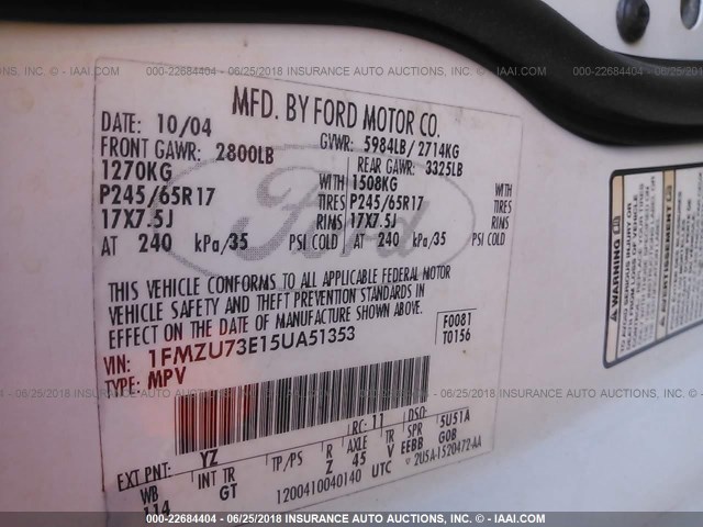 1FMZU73E15UA51353 - 2005 FORD EXPLORER XLT/XLT SPORT/NBX 白色 照片 9