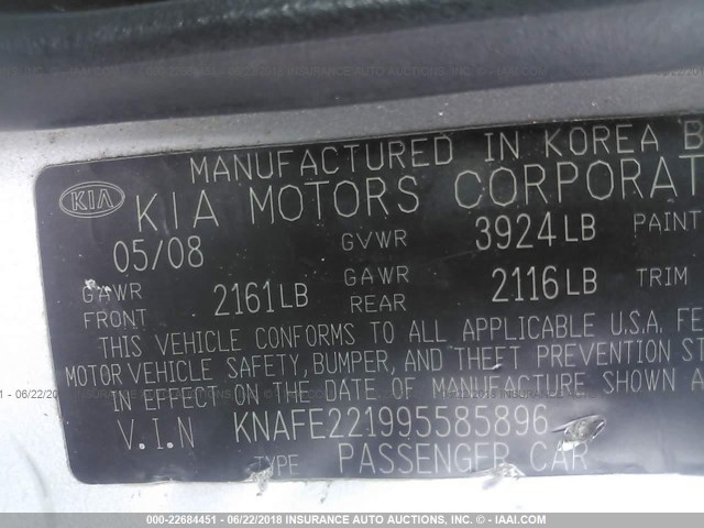 KNAFE221995585896 - 2009 KIA SPECTRA EX/LX/SX SILVER photo 9