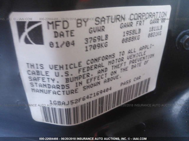 1G8AJ52F64Z169404 - 2004 SATURN ION LEVEL 2 TAN photo 9