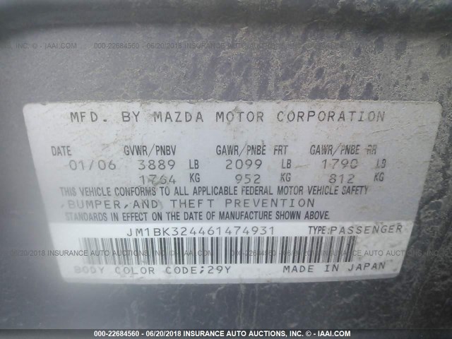 JM1BK324461474931 - 2006 MAZDA 3 S GRAY photo 9