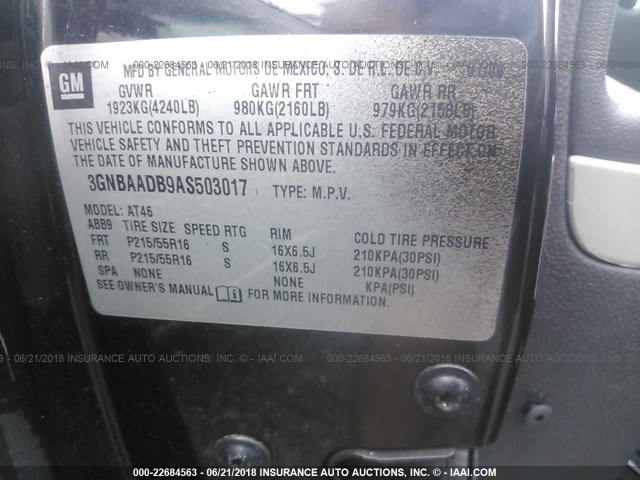 3GNBAADB9AS503017 - 2010 CHEVROLET HHR LS BLACK photo 9