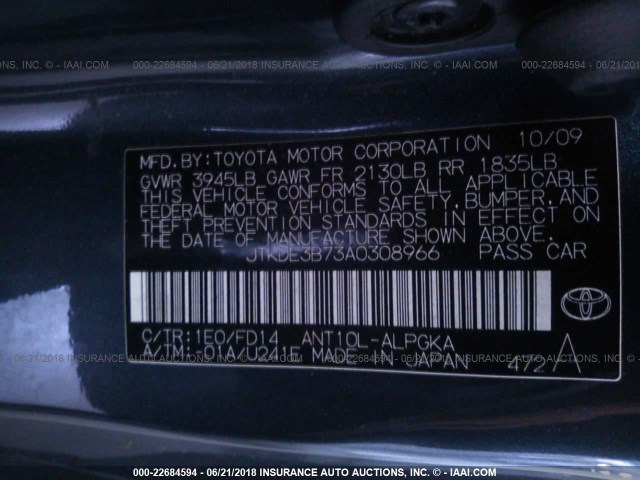 JTKDE3B73A0308966 - 2010 TOYOTA SCION TC GRAY photo 9