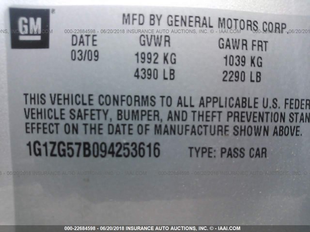 1G1ZG57B094253616 - 2009 CHEVROLET MALIBU LS SILVER photo 9