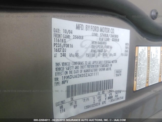 1FMDU62K05ZA31111 - 2005 FORD EXPLORER XLS/XLS SPORT BROWN photo 9