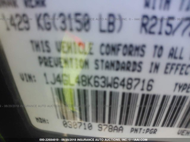 1J4GL48K63W648716 - 2003 JEEP LIBERTY SPORT/FREEDOM მწვანე ფოტო 9