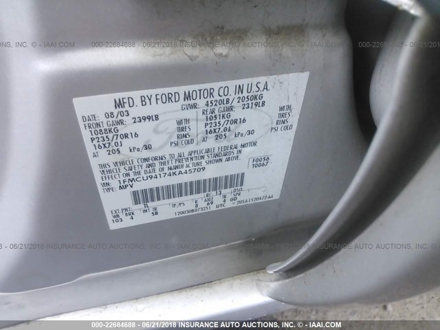 1FMCU94174KA45709 - 2004 FORD ESCAPE LIMITED GRAY photo 9