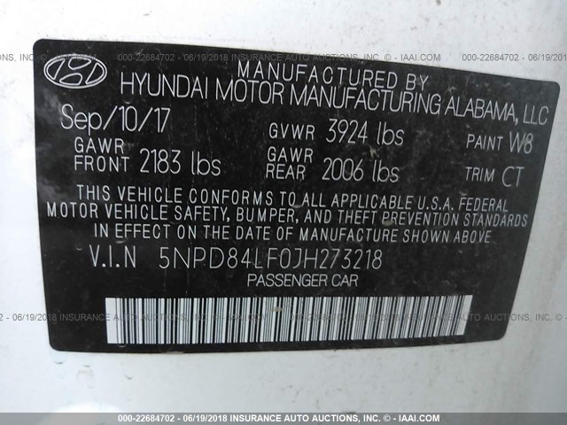 5NPD84LF0JH273218 - 2018 HYUNDAI ELANTRA SEL/VALUE/LIMITED WHITE photo 9