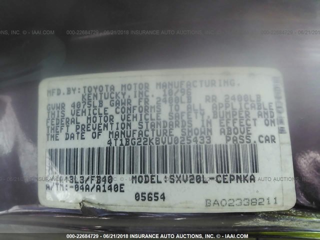 4T1BG22K8VU025433 - 1997 TOYOTA CAMRY CE/LE/XLE 勃艮第红 照片 9