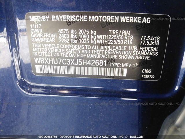 WBXHU7C3XJ5H42681 - 2018 BMW X1 SDRIVE28I BLUE photo 9