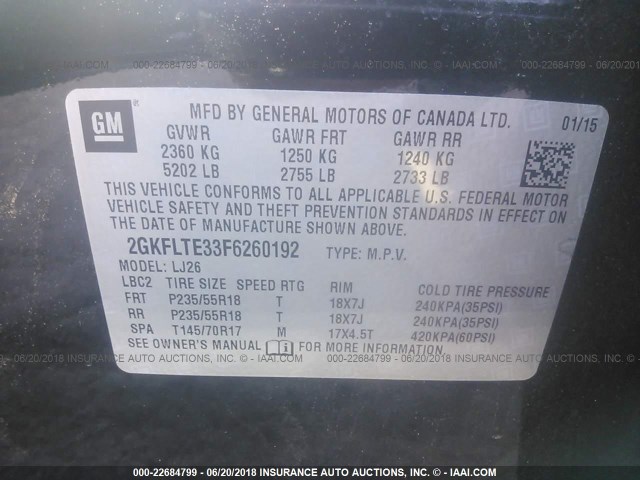 2GKFLTE33F6260192 - 2015 GMC TERRAIN SLT BLACK photo 9