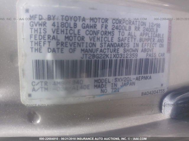 JT2BG22K1X0312359 - 1999 TOYOTA CAMRY LE/XLE 金色 照片 9