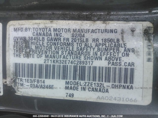 2T1KR32E74C289317 - 2004 TOYOTA COROLLA MATRIX XR GRAY photo 9