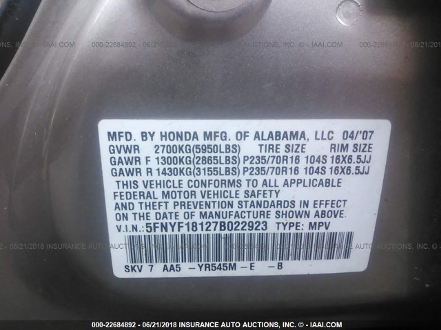 5FNYF18127B022923 - 2007 HONDA PILOT LX GOLD photo 9