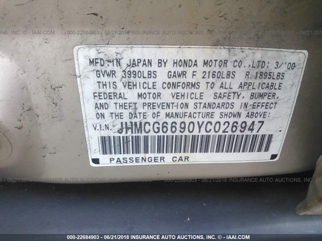 JHMCG6690YC026947 - 2000 HONDA ACCORD SE GOLD photo 9