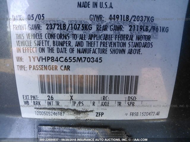 1YVHP84C655M70345 - 2005 MAZDA 6 I Grau Foto 9
