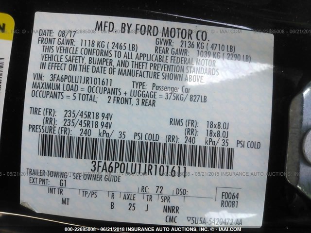 3FA6P0LU1JR101611 - 2018 FORD FUSION SE HYBRID BLACK photo 9