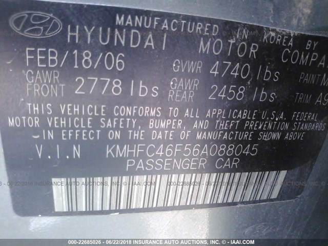 KMHFC46F56A088045 - 2006 HYUNDAI AZERA SE/LIMITED GREEN photo 9