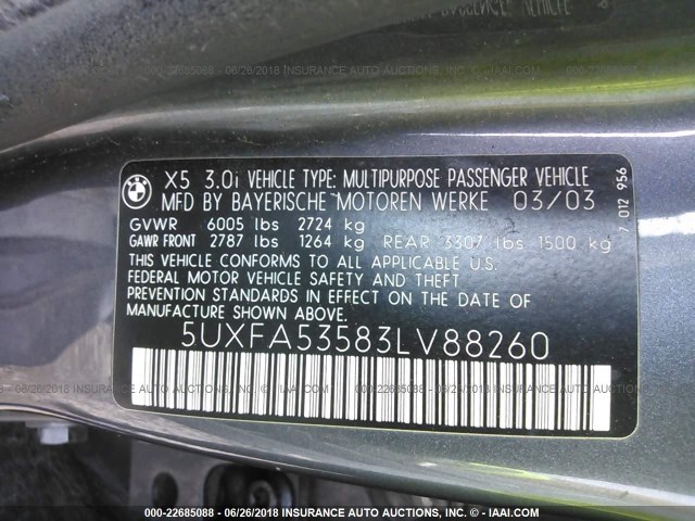 5UXFA53583LV88260 - 2003 BMW X5 3.0I GRAY photo 9