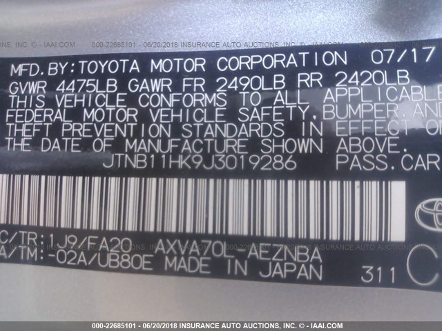 JTNB11HK9J3019286 - 2018 TOYOTA CAMRY L/LE/XLE/SE/XSE SILVER photo 9