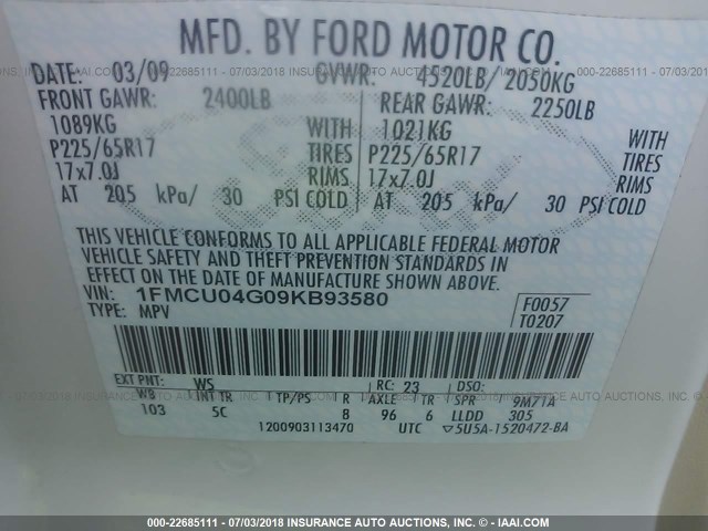 1FMCU04G09KB93580 - 2009 FORD ESCAPE LIMITED WHITE photo 9