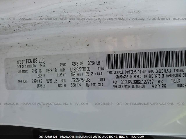 3C6URVJG8GE127717 - 2016 RAM PROMASTER 3500 3500 HIGH WHITE photo 9