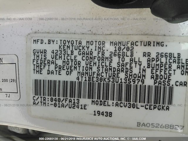 4T1BE30K53U135979 - 2003 TOYOTA CAMRY LE/XLE/SE Ақ фото 9