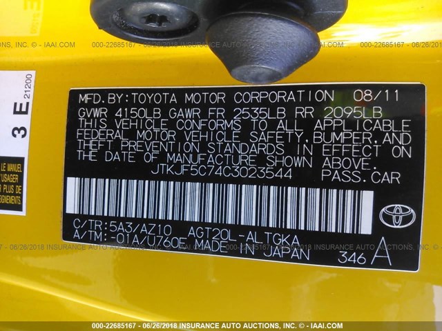 JTKJF5C74C3023544 - 2012 TOYOTA SCION TC YELLOW photo 9