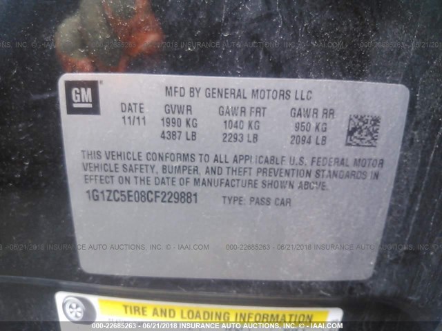 1G1ZC5E08CF229881 - 2012 CHEVROLET MALIBU 1LT 黑色 照片 9