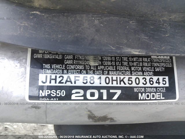 JH2AF5810HK503645 - 2017 HONDA NPS50 BLACK photo 10