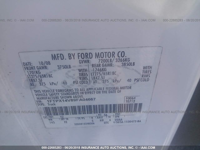1FTPX14V89FA04667 - 2009 FORD F150 SUPER CAB WHITE photo 9
