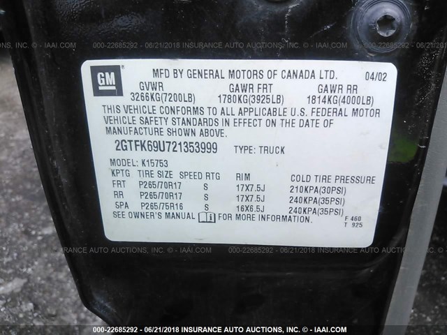 2GTFK69U721353999 - 2002 GMC SIERRA K1500 DENALI BLACK photo 9