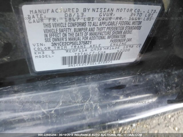 3N1CE2CP5EL375821 - 2014 NISSAN VERSA NOTE S/S PLUS/SV/SL BLACK photo 9