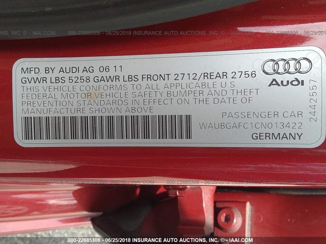 WAUBGAFC1CN013422 - 2012 AUDI A6 PREMIUM RED photo 9