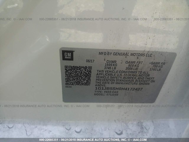 1G1JB5SH0H4172427 - 2017 CHEVROLET SONIC LS 白色 照片 9