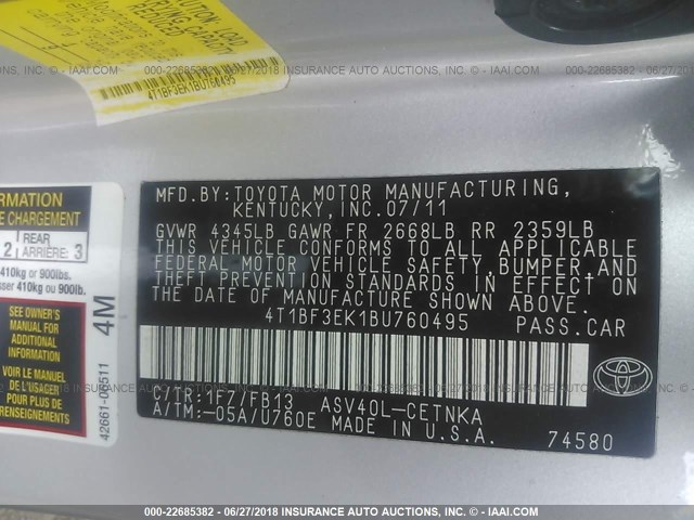 4T1BF3EK1BU760495 - 2011 TOYOTA CAMRY SE/LE/XLE SILVER photo 9