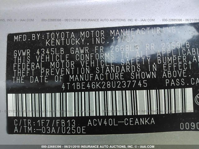 4T1BE46K28U237745 - 2008 TOYOTA CAMRY CE/LE/XLE/SE SILVER photo 9