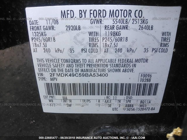 2FMDK49C59BA53400 - 2009 FORD EDGE LIMITED BLACK photo 9