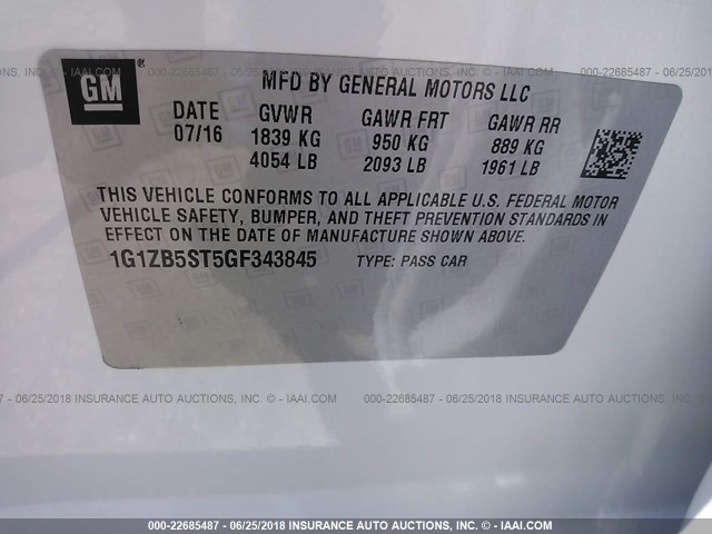 1G1ZB5ST5GF343845 - 2016 CHEVROLET MALIBU LS WHITE photo 9