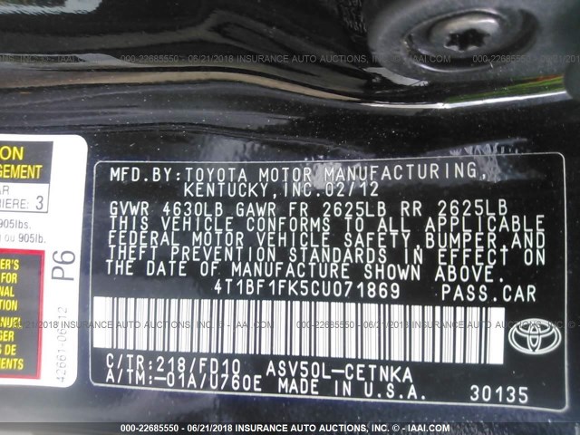 4T1BF1FK5CU071869 - 2012 TOYOTA CAMRY SE/LE/XLE 黑色 照片 9