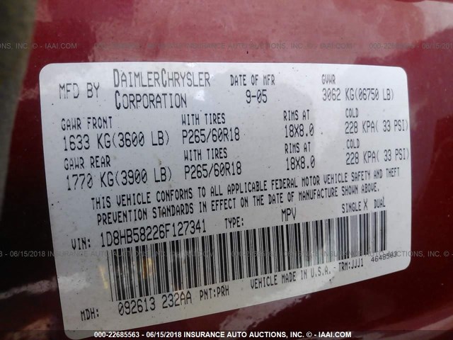 1D8HB58226F127341 - 2006 DODGE DURANGO LIMITED RED photo 9