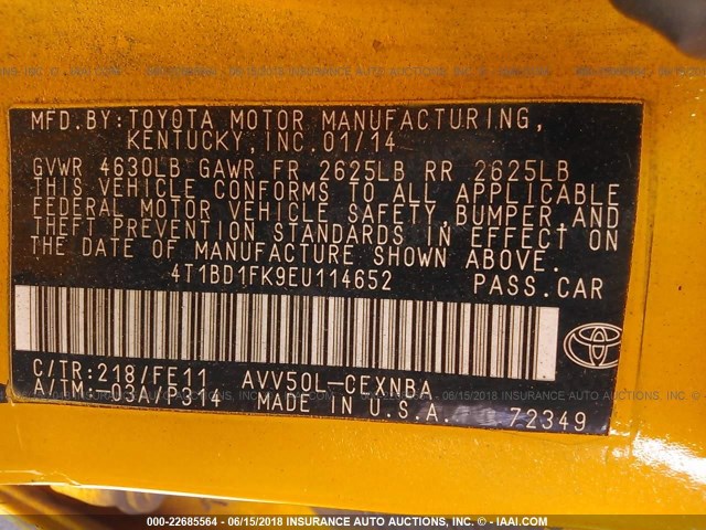 4T1BD1FK9EU114652 - 2014 TOYOTA CAMRY HYBRID/LE/XLE ყვითელი ფოტო 9