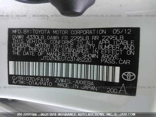 JTDZN3EU1C3145220 - 2012 TOYOTA PRIUS V WHITE photo 9