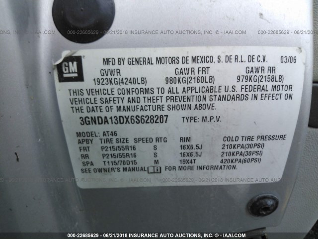 3GNDA13DX6S628207 - 2006 CHEVROLET HHR LS SILVER photo 9